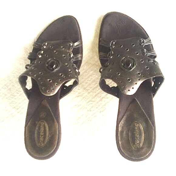 Graceland Sandals Mules Kitten Heels Bronze Rivets Y2K Metal Gems size EU 39 - Picture 1 of 14